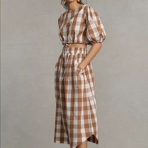 NWT Anthropologie Whit Two Tan Gingham 2 Piece Set Crop Top Skirt 2X